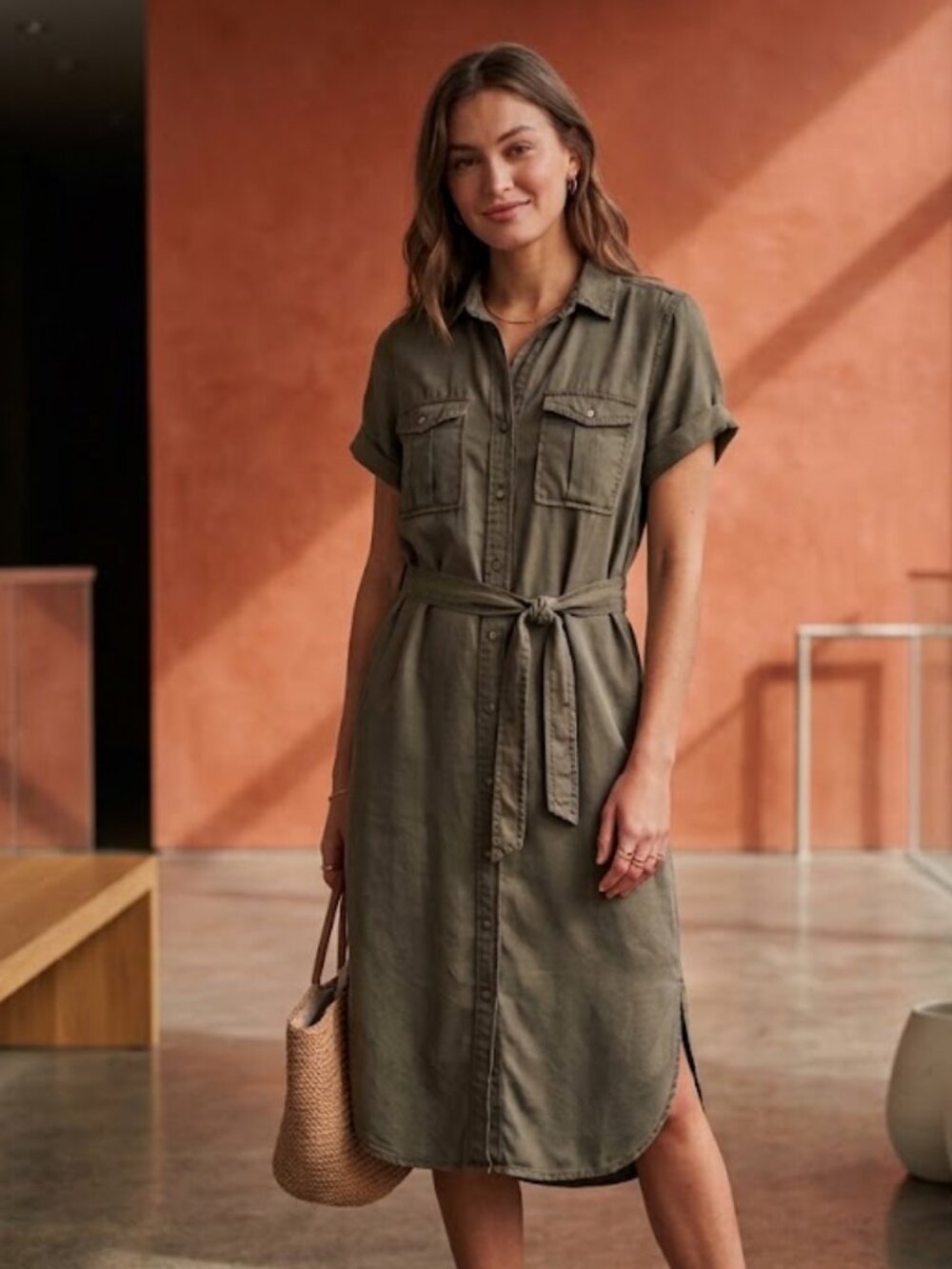 LUCKY BRAND Short Sleeve Belted Utility Shirt Dress - Size M - Army Green